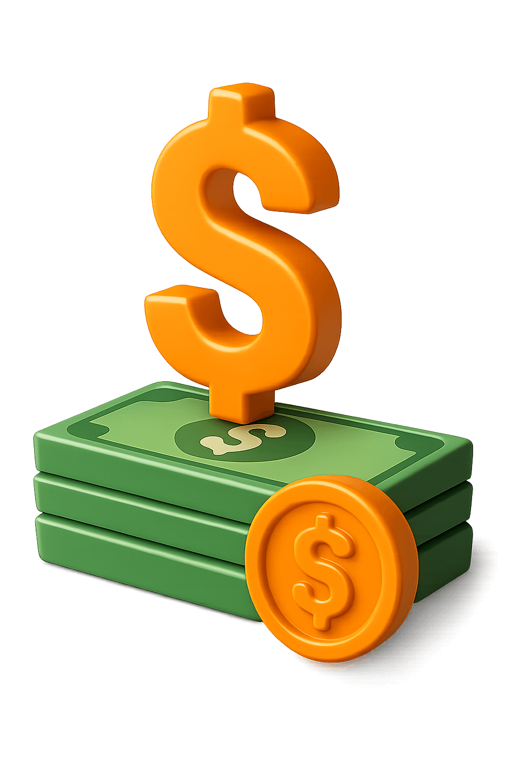 3D illustration of a stack of cash with a large dollar sign and coin