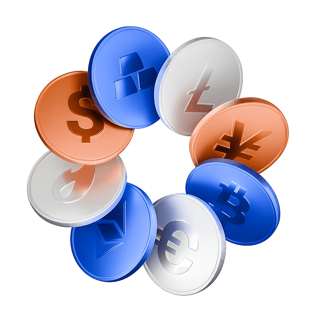 3D illustration of international currency coins arranged in a circle