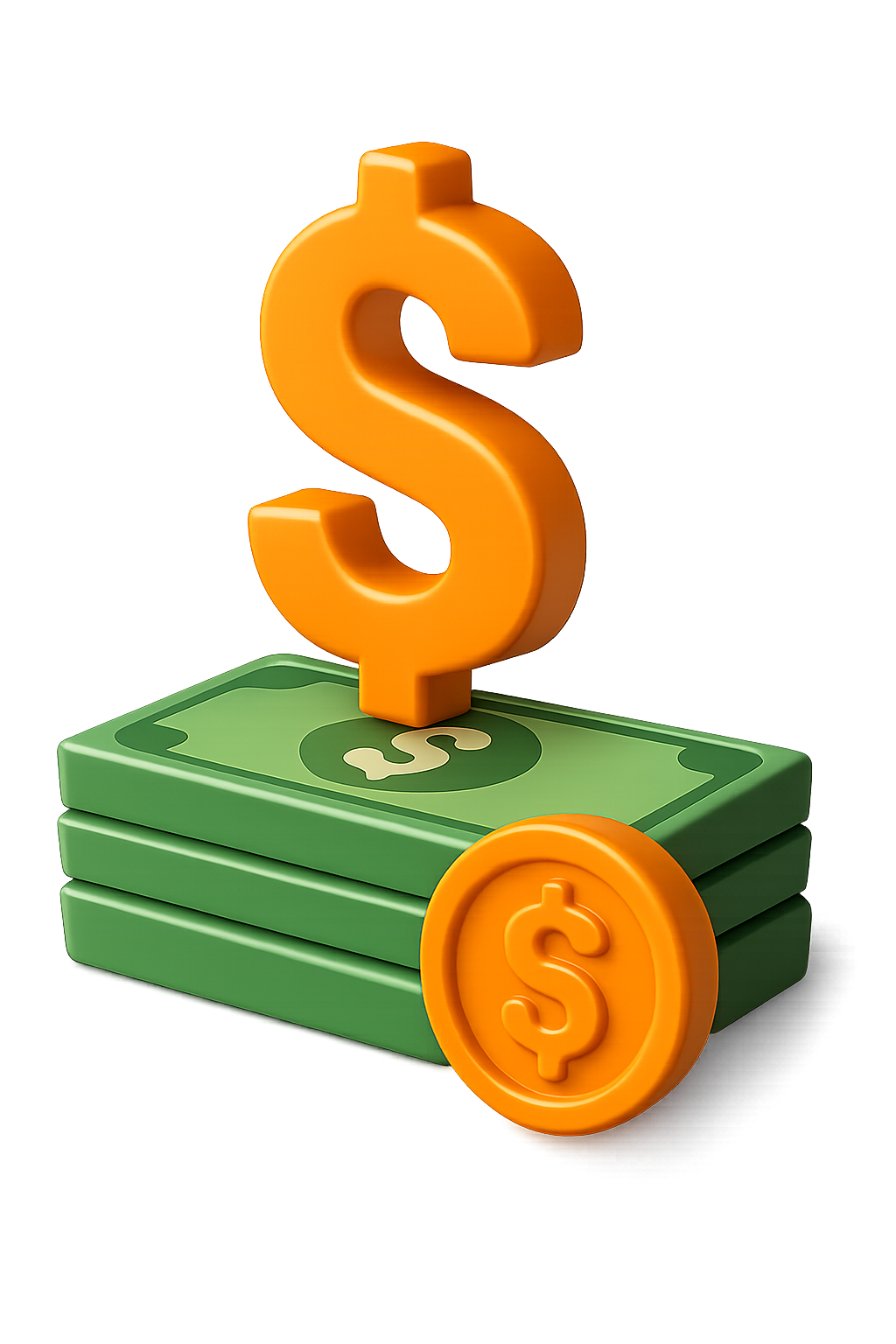 3D illustration of a stack of cash with a large dollar sign and coin