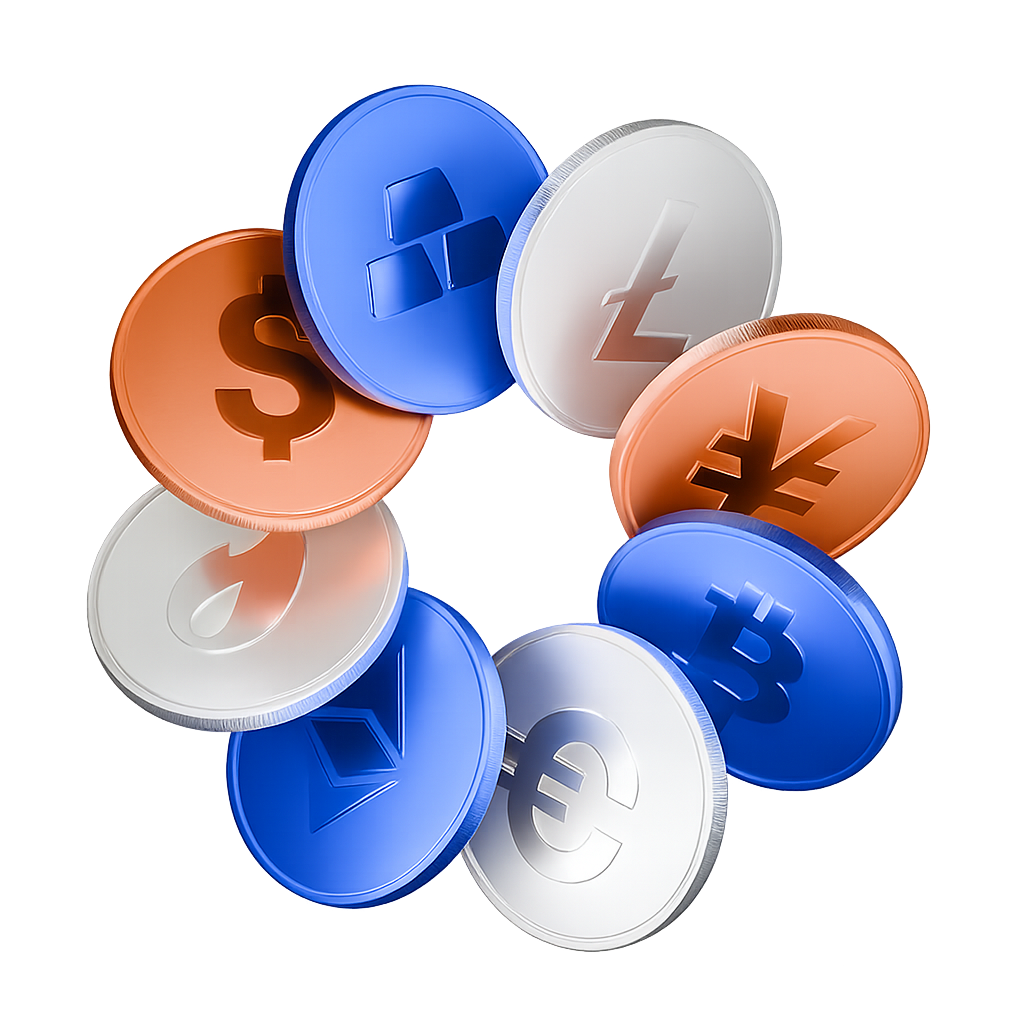 3D illustration of international currency coins arranged in a circle